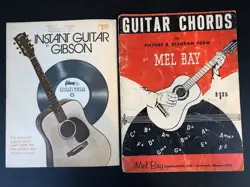 VINTAGE GIBSON GUITAR W/ VINYL RECORD & MEL BAY CHORDS GUITAR SHEET MUSIC BOOKS