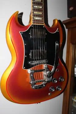 2009 GIBSON SG CARVED TOP CUSTOM BIGSBY BRIDGE.  ORANGE METALIC BURST