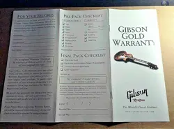 GIBSON CUSTOM SHOP LES PAUL SG FLYING V FIREBIRD BLANK CHECKLIST / WARRANTY CARD