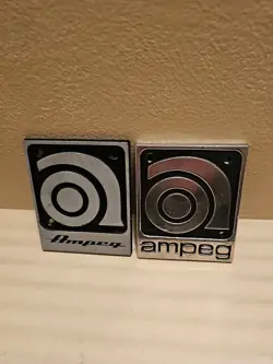LOT OF 2 AMPEG VINTAGE EMBLEM LOGO BADGE FOR AMP PROJECT OR RESTORATION METAL