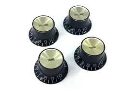 (4) BLACK/GOLD REFLECTOR V/T KNOBS FOR USA GIBSON GUITAR/BASS FITS 6MM CTS POTS