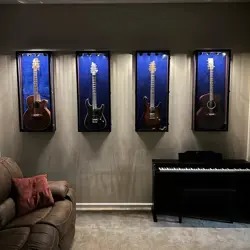 GUITAR DISPLAY CASE CHERRY & BLUE CABINET LED LIGHT GIBSON FENDER TAYLOR MARTIN