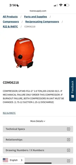 3 TON R-22 200-230/60-50/1 TRANE COMPRESSOR GP34D-FG1-G* COM-6218 COM06218