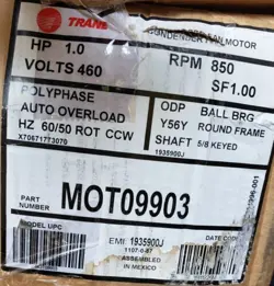 TRANE RTAA CHILLER MOT09903 CONDENSER FAN MOTOR 1HP 460/VOLT 3PH 850 RPM