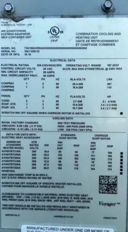12.5 TON TRANE ROOFTOP PACKAGE UNIT W/E-HEAT 208-230V-3PH M# TSH180G3R0A0X000000