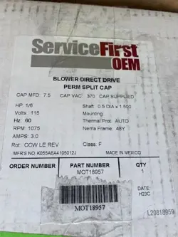 MOT18957 TRANE 115V 1/6HP 1075RPM MOTOR (NEW)