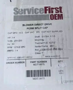 TRANE MOT18975 BLOWER MOTOR 1/4HP 200-230V 48 FRAME 1075 RPM 