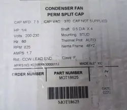 TRANE MOT18625 1/4HP 200-230V 825RPM 48 MOTOR