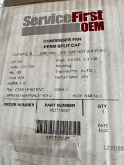 MOT18687 TRANE MOTOR 1/6HP 200-230V 825RPM (NEW)