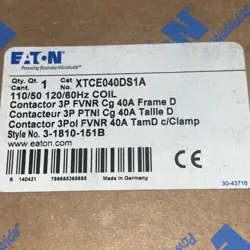 EATON XTCE040DS1A DIL M40, CONTACTORS 3P 40A 120V 50/60HZ D FRAME 1NO 1NC, NEW