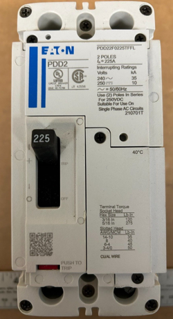 EATON CIRCUIT BREAKER PDD22F0225TFFL 225 AMP 2 POLE