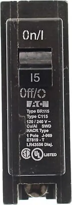 EATON BR115 SINGLE POLE INTERCHANGEABLE CIRCUIT BREAKER, 120V, 15-AMP