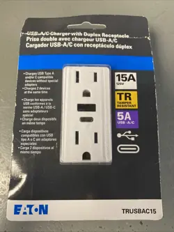 EATON WHITE USB-A|C CHARGER WITH DUPLEX RECEPTACLE - TRUSBAC15