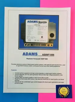 AS89F ADAMS REPLACEMENT HONEYWELL S89F1098  DIRECT SPARK GAS BURNER CONTROL