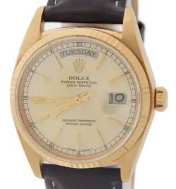 MENS ROLEX DAY-DATE 18038 SOLID 18K YELLOW GOLD WATCH BROWN STRAP SILVER DIAL