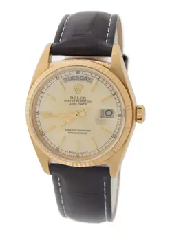 Mens Rolex Day-Date 18038 Solid 18K Yellow Gold Watch Brown Strap Silver Dial
