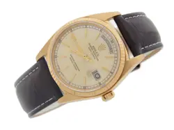 Mens Rolex Day-Date 18038 Solid 18K Yellow Gold Watch Brown Strap Silver Dial