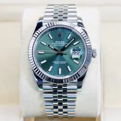 ROLEX DATEJUST MINT GREEN 126334 JUBILEE WHITE GOLD BEZEL 41MM BOX