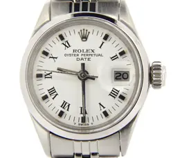 VINTAGE ROLEX DATE LADIES STAINLESS STEEL WATCH W/ WHITE & BLACK ROMAN DIAL 6516