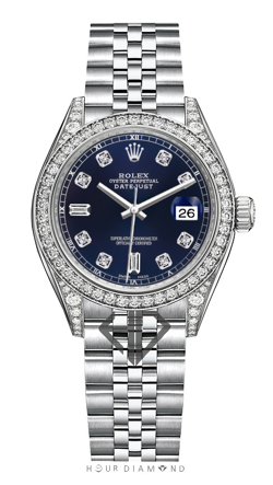 Lady 26m Rolex Datejust SS Jubilee RN Navy Blue Baguette Dial Diamond Bezel&Lugs