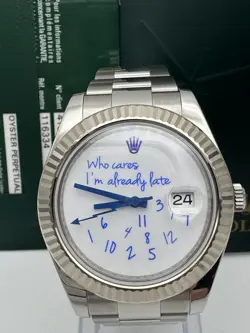ROLEX DATEJUST 41MM 116334 CUSTOM WHO CARES I'M ALREADY LATE BLUE DIAL PAPERS