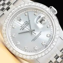 MENS ROLEX DATEJUST 1601 SILVER DIAMOND WATCH + 18K WHITE GOLD 1.60 CT BEZEL
