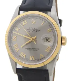 ROLEX DATEJUST MENS 2TONE 18K GOLD STEEL DATEJUST WATCH SLATE GRAY ROMAN 16233