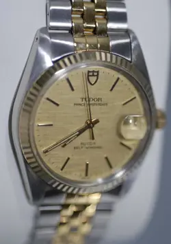 ROLEX TUDOR PRINCE OYSTERDATE GOLD BEZEL 34MM WATCH 75203 - NICE LINEN DIAL EX++
