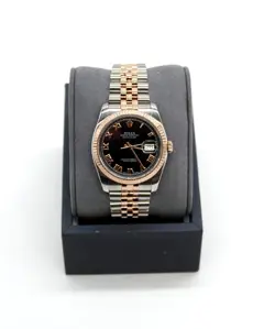 ROLEX DATEJUST 116231 STAINLESS & ROSE GOLD BLACK ROMAN DIAL WRISTWATCH - 36MM
