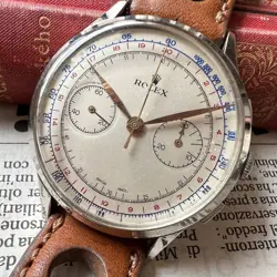 ROLEX CHRONOGRAPH SILVER DIAL MEN'S WRISTWATCH VINTAGE 1940S 38MM BROWN BAND