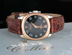 LADIES ROLEX CELLINI DANAOS 18K ROSE WHITE GOLD 25MM BLACK DIAL WRIST WATCH 6229
