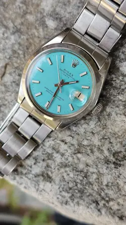 VINTAGE ROLEX  DATE 1500 CUSTOM ICE BLUE DIAL MEN'S AUTOMATIC WATCH 1967