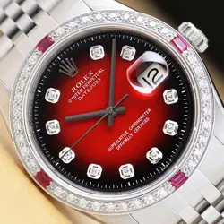 ROLEX MENS DATEJUST RED VIGNETTE 18K GOLD SS DIAMOND RUBY WATCH W/ JUBILEE BAND