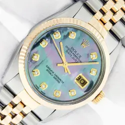 ROLEX DATEJUST TAHITIAN MOP DIAMOND DIAL STEEL AND 18K GOLD FLUTED BEZEL WATCH