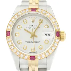 ROLEX LADIES DATEJUST 69173 SILVER 18K YELLOW GOLD & STEEL DIAMOND RUBY WATCH