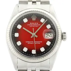 ROLEX MENS DATEJUST 18K WHITE GOLD STEEL RED VIGNETTE DIAMOND DIAL WATCH