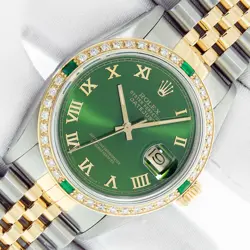 ROLEX MENS DATEJUST GREEN ROMAN DIAL STEEL - 18 KARAT GOLD DIAMOND-EMERALD BEZEL