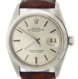 MENS ROLEX DATEJUST 1601 STAINLESS STEEL 18K WHITE GOLD WATCH SILVER DIAL BROWN