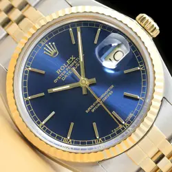 ROLEX MENS DATEJUST 16013 BLUE DIAL 18K YELLOW GOLD STAINLESS STEEL WATCH