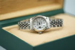 LADIES STEEL & WHITE GOLD ROLEX DATEJUST 26MM CUSTOM WHITE MOP DIAMOND DIAL
