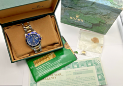 1996 MENS ROLEX SUBMARINER 18K YELLOW GOLD STAINLESS STEEL 16613 BLUE FULL SET