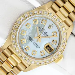 ROLEX LADY DATEJUST PRESIDENT 18 KARAT YELLOW GOLD MOP DIAMOND BEZEL WATCH