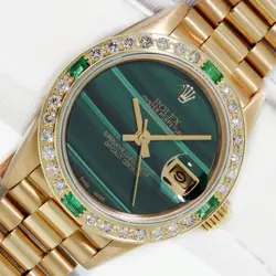 ROLEX LADY DATEJUST PRESIDENT 18 KARAT YELLOW GOLD MALACHITE DIAMOND BEZEL WATCH