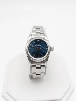 $9000 ROLEX OYSTER PERPETUAL 1990S BLUE DIAL SS LADIES 24MM WATCH SERVICED