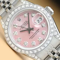 ROLEX LADIES DATEJUST PINK DIAL DIAMOND BEZEL & LUGS 18K GOLD & STEEL WATCH
