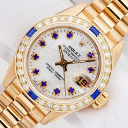 ROLEX LADY PRESIDENT DATEJUST MOP SAPPHIRE DIAL YELLOW GOLD DIAMOND  BEZEL WATCH