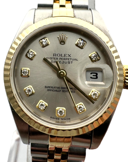 ROLEX 26MM DATEJUST 18K GOLD FLUTED FACTORY DIAMOND DIAL JUBILEE SS WATCH 79173