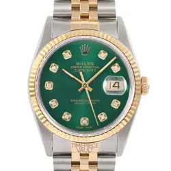 ROLEX DATEJUST 16013 WATCH 18K GOLD & STEEL 36MM GREEN DIAMOND DIAL FLUTED BEZEL