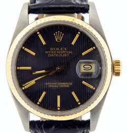 ROLEX DATEJUST MEN 2TONE 18K YELLOW GOLD & STEEL WATCH BLACK TAPESTRY DIAL 16013