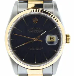 ROLEX DATEJUST MENS 18K GOLD STAINLESS STEEL WATCH BLACK TAPESTRY DIAL 16233